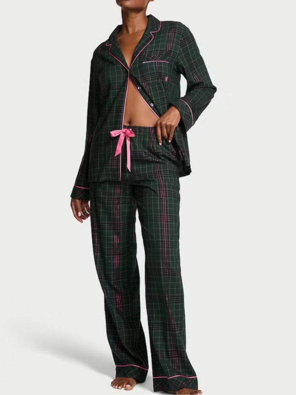 New! Victoria's Secret Clover Green Tartan Flannel Long Pajamas Set 50425